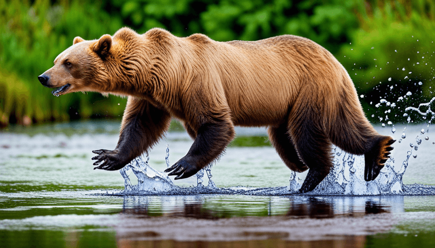  an image of a magnificent Snow Valley bear, playfully splashing in a crystal-clear stream, showcasing its impressive strength as it effortlessly catches a leaping salmon mid-air, its powerful paws and razor-sharp claws on full display