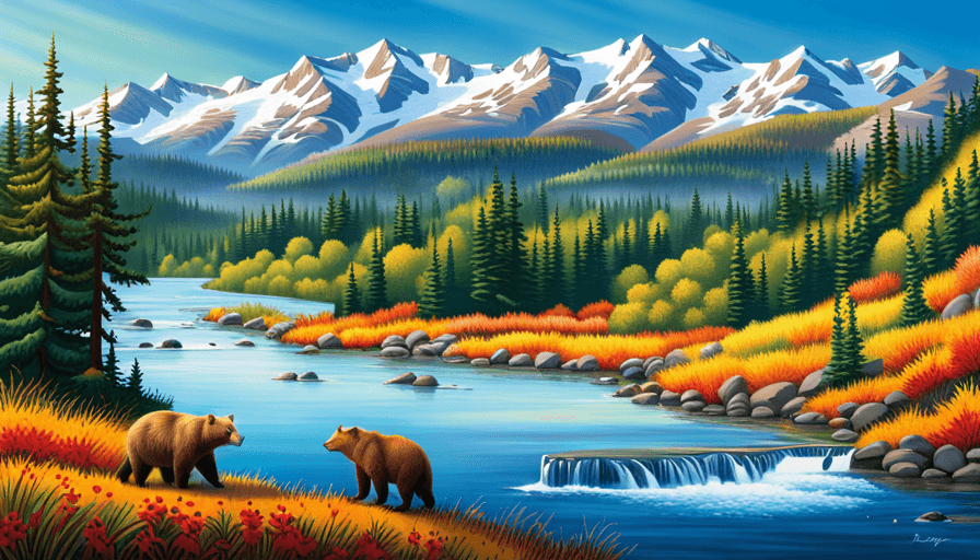 An image showcasing the diverse bear habitats in Snow Valley – a bear family exploring a dense evergreen forest, a bear peacefully fishing by a glistening river, and a bear playfully rolling in a lush meadow