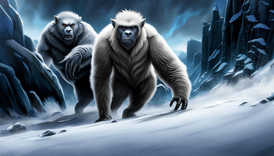 An image capturing the epic clash between Snow Valley's fearless warriors and the fearsome Yeti, as it wields its bone-chilling ice breath, sending frozen shards cascading through the air, freezing everything in its path